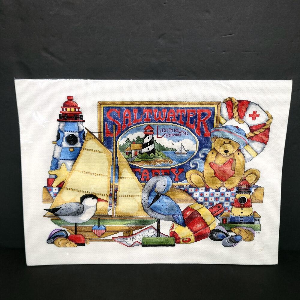 Handmade Cross Stitch Saltwater Taffy Lighthouse Nautical Coastal Teddy Bear Art